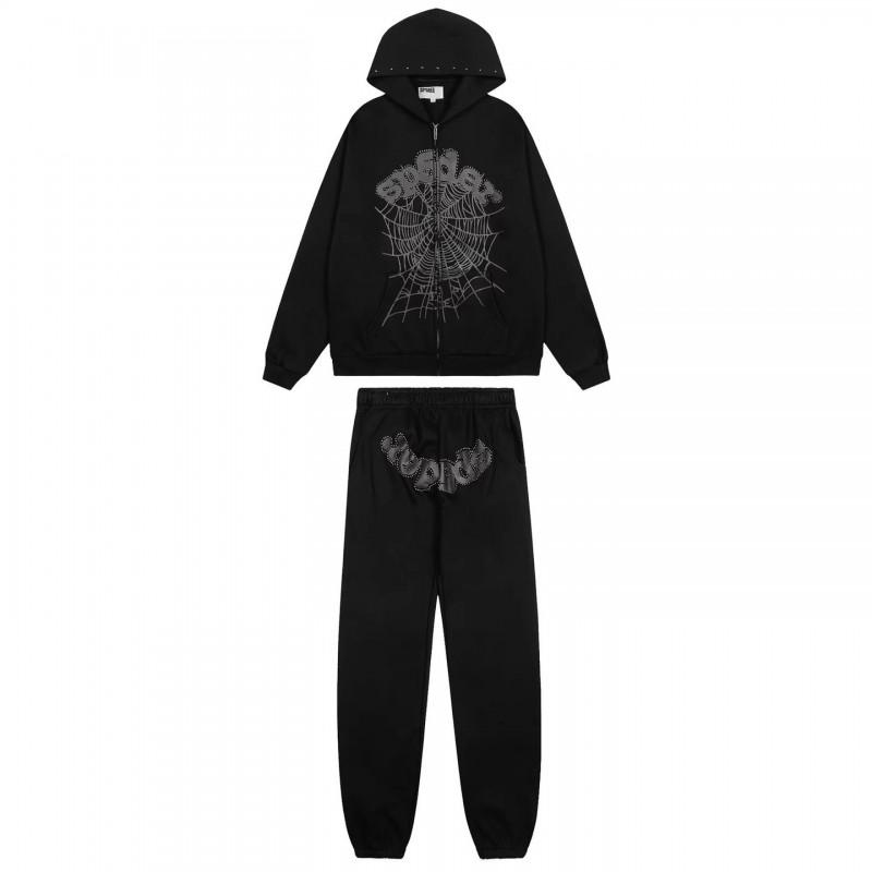 Spider Web Print Hooded Sweatshirt Set Men Women Fleece Lined Streetwear Jogger Pants Outfit