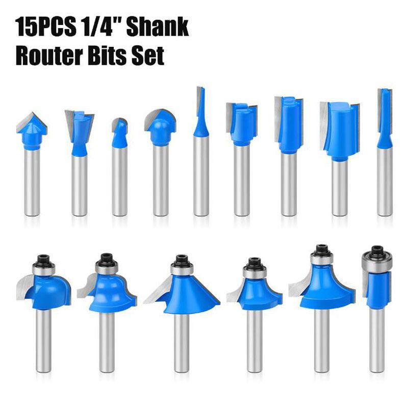 Набор из 15 шт. фрезерных фрез с хвостовиком 6,35 мм, прямая фреза для обработки дерева, твердосплавные фрезы для резки, деревообработки
