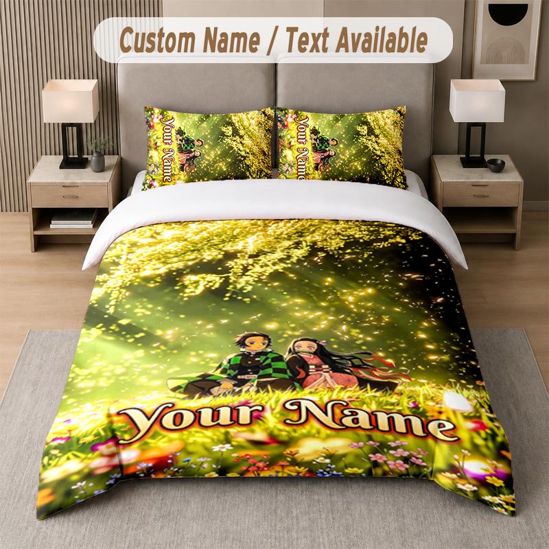 Demon Slayer 3Pcs Bedding Set, Personalized Custom Name Text, 1 Duvet Cover & 2 Pillowcases For Bedroom