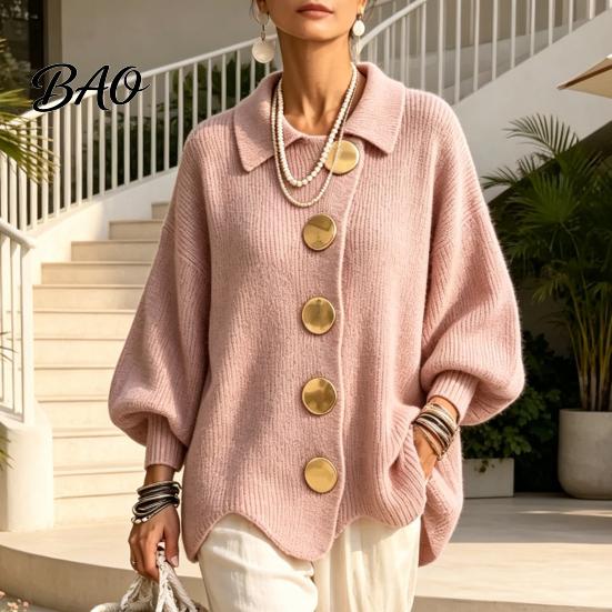 Spring Autumn Sweater Women Oversized Knit Cardigan Sweater, Collared Top with Large Metal Casual Buttons, Loose Lantern Sleeve for Soft Skin Friendly