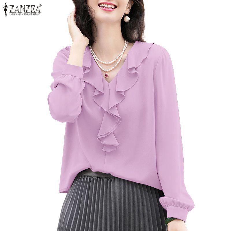ZANZEA Женская блузка с оборками, V-образным вырезом, повседневная, с длинным рукавом