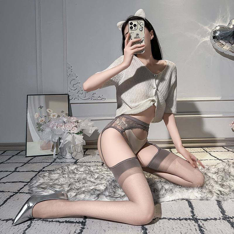 Sex stockings lace integrated suspender socks sexy long tube open-gear one-piece socks four-sided open crotch garter stockings stockings A