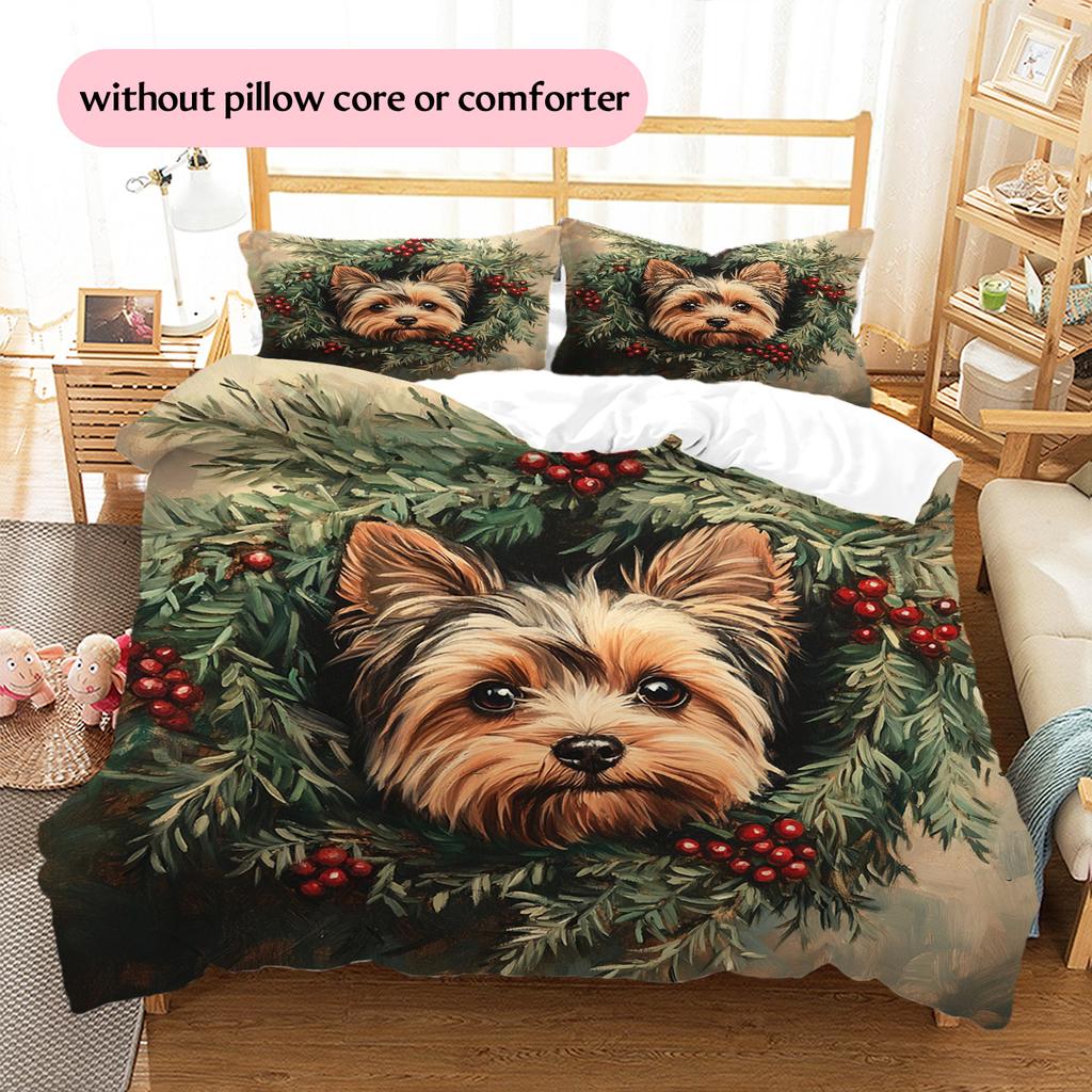 Holly Wreath Cat and Dog Pattern Bedding Quilt Set Quilt Cover Pillowcase Home Decoration Gift (1 * duvet cover + 2 * pillowcase, without core)