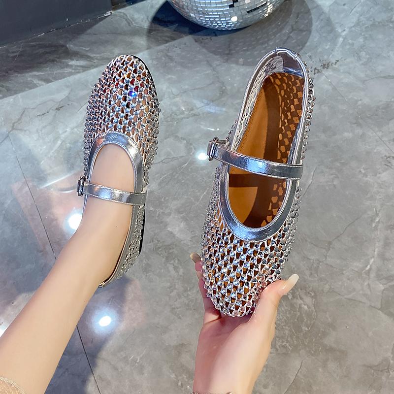 Women Sandals Mesh Breathable Rhinestone Fashion Versatile Sandals Women New Foreign Style Flat Soft Soled Mary Jane Shoes Women