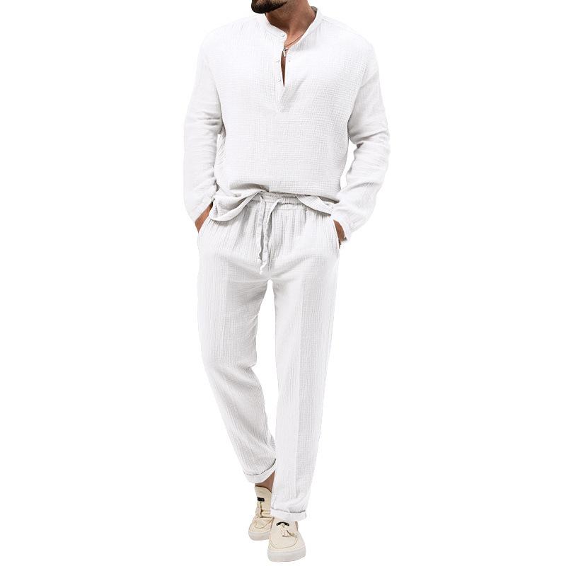Spring Autumn Men's Solid Color Casual T-shirt Long-sleeved Shirt Trousers Suit