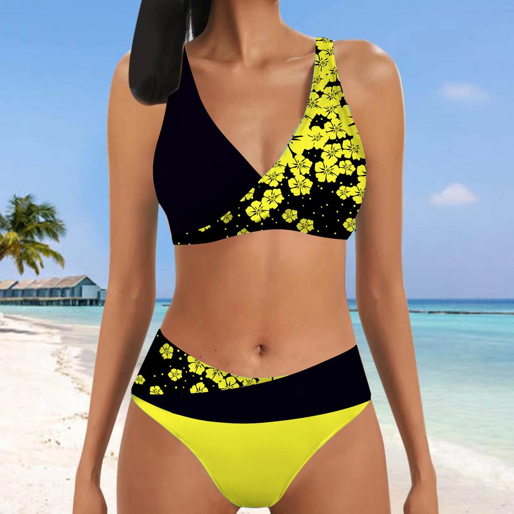 Women's Shoulder Strap Swimsuit Half Sided Black and White Cherry Blossoms Print Bikini Tankini Swimsuit