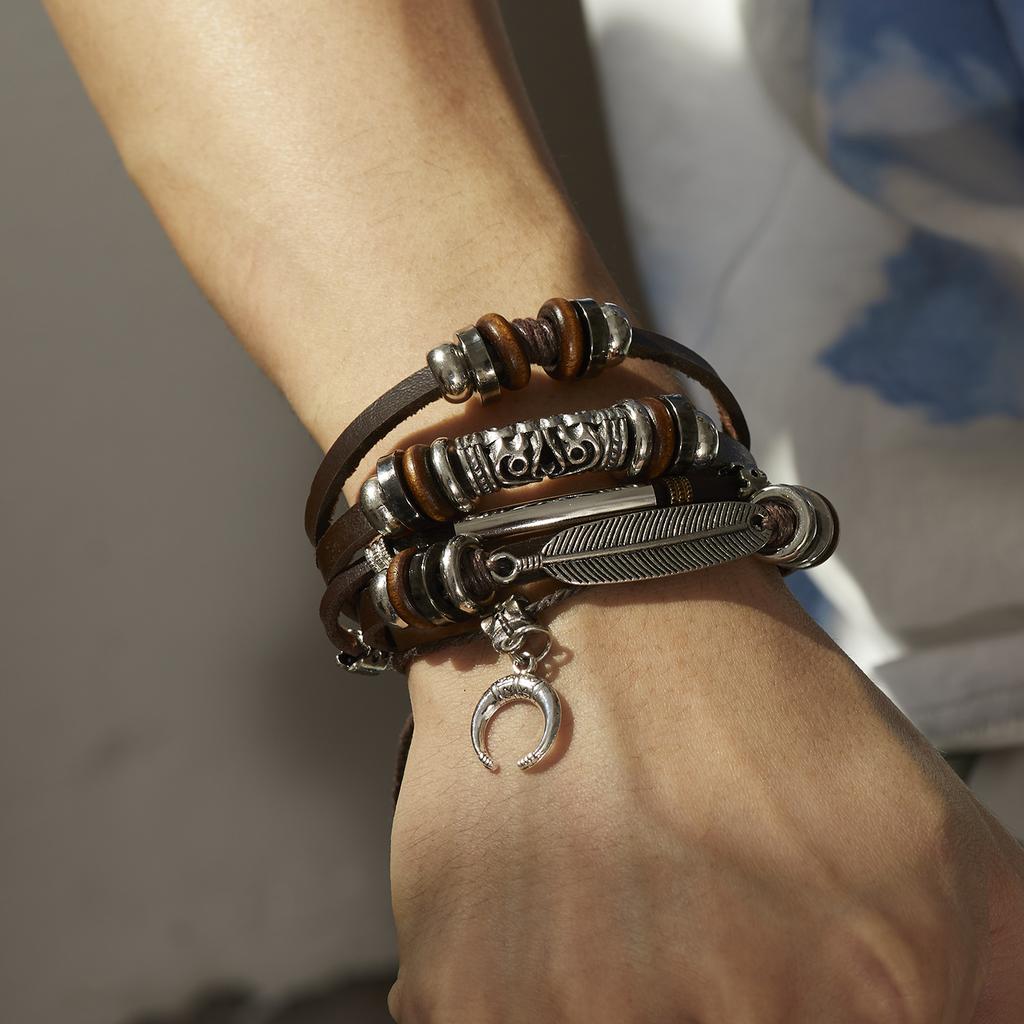 Винтажные многослойные кожаные плетеные браслеты-браслеты с перьями и луной для мужчин, ручной работы, геометрические, со звездой, обернутые веревкой, ювелирные изделия, подарок