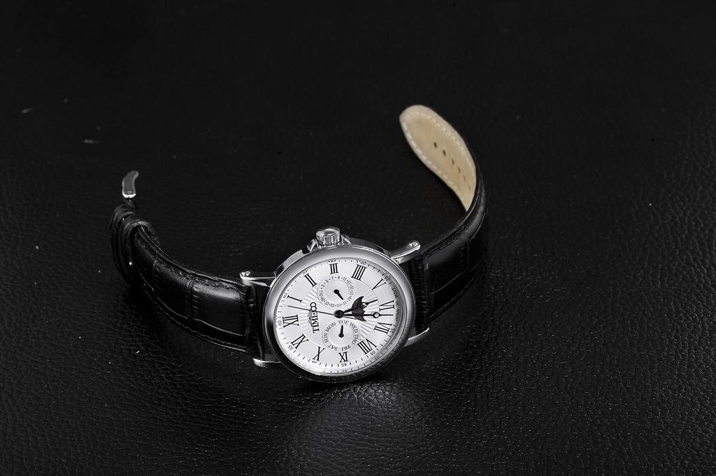 Популярные наручные часы Time100 с датой, днем недели, японским механизмом, черным кожаным ремешком, для офисных работников, для взрослых, белые