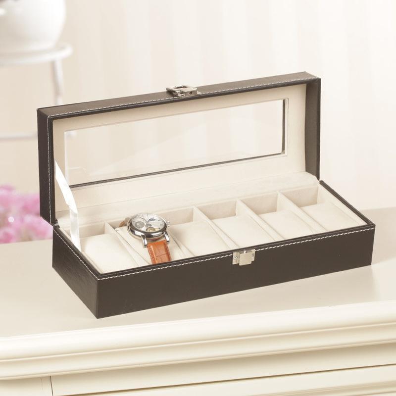 6 Slots Leather Watch Storage Box Organizer New Mechanical Mens Watch Display Holder Cases Black Jewelry Gift Boxes Items