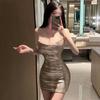 Женское блестящее мини-платье с открытой спиной, перекрещивающееся на груди, облегающее
