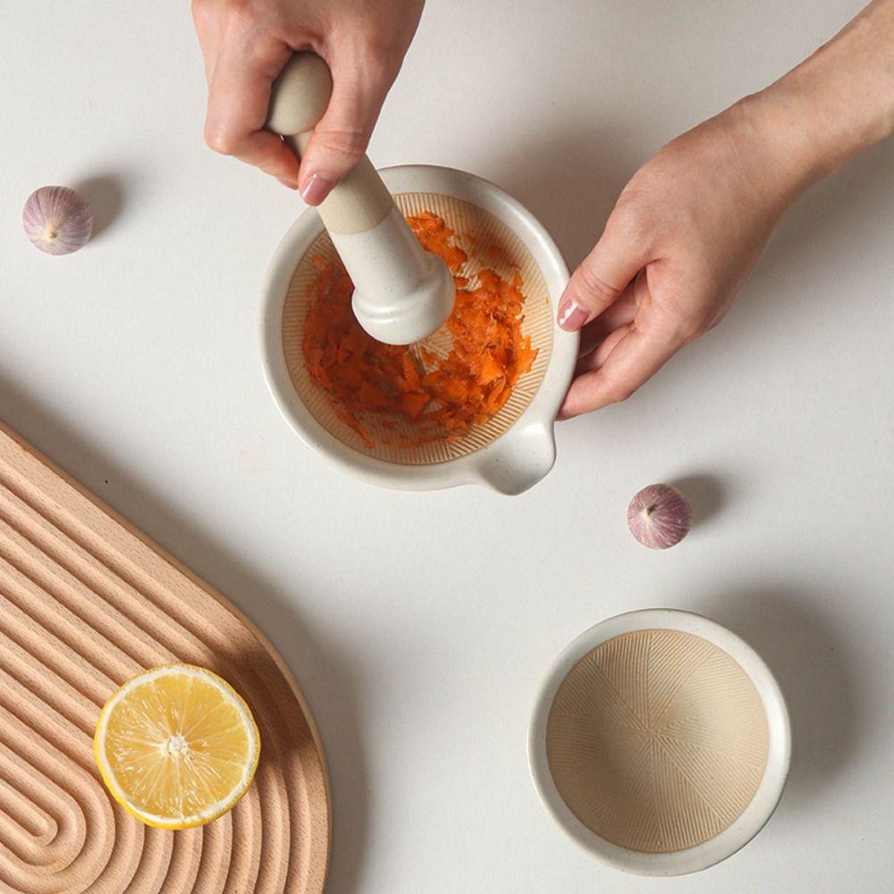 Ceramic Grinding Bowl Rod Set Durable Garlic Mortar Pestle Rice Paste Bowl Pedestal Bowl