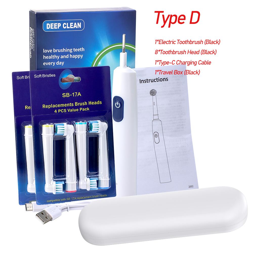 Звуковая электрическая зубная щетка Перезаряжаемая Роторная Водонепроницаемая Умный таймер Взрослая Чистка зубов 4 шт. Сменные насадки с коробкой