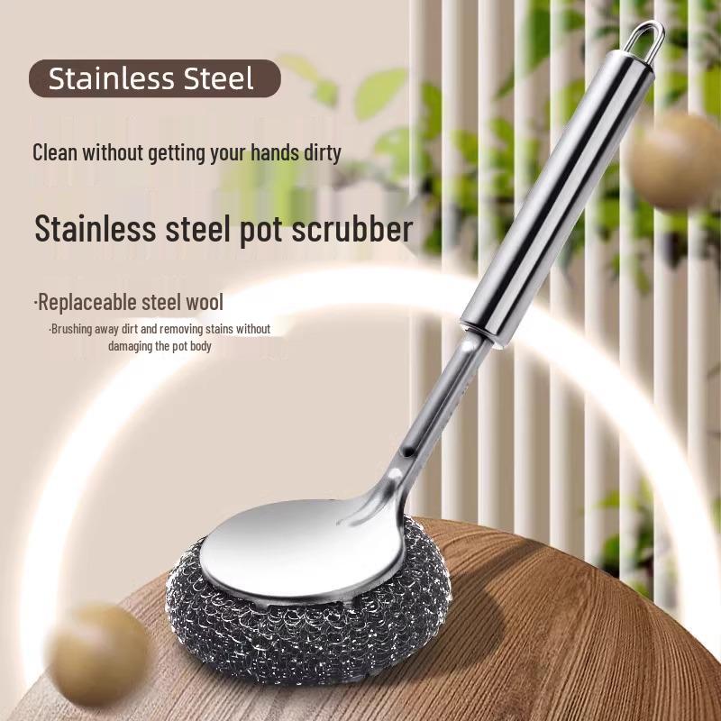 Stainless Steel Long Handle Dishwashing Brush - Kitchen Pot and Dish Cleaner