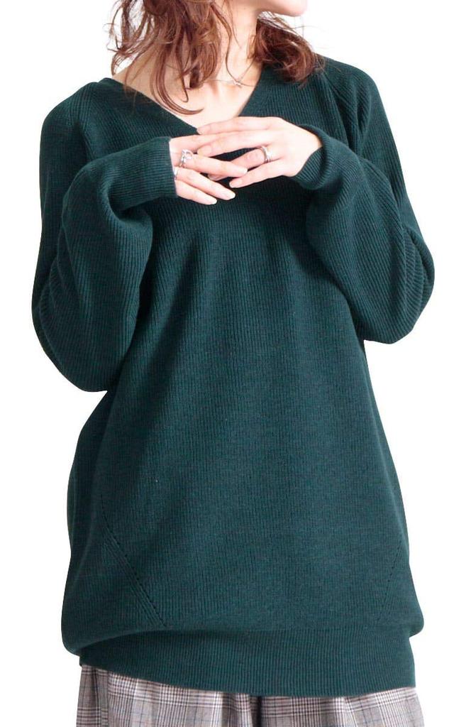 Gold Japan Plus Size Knit Long Long Green Women's Top, V-Neck, Sleeves, suri-3211, 5L,