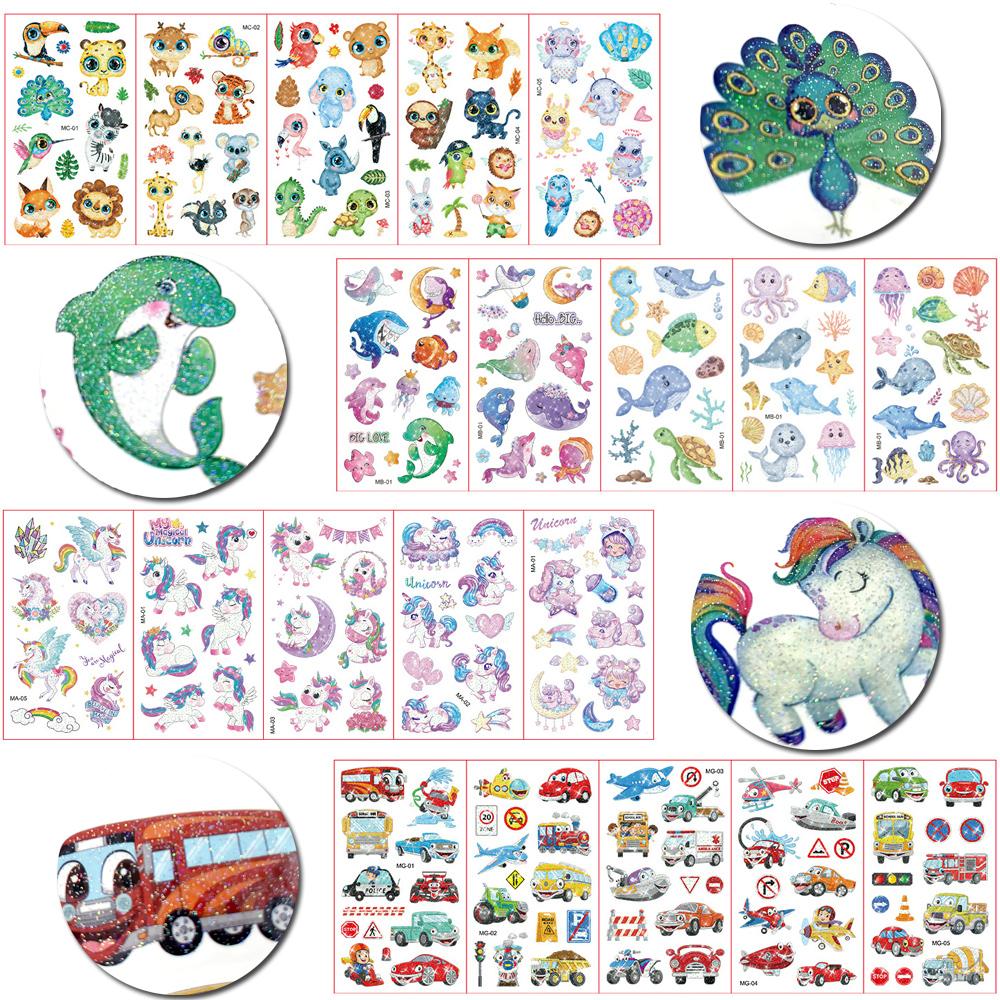 10 листов/набор красочные тату-наклейки с блестящей пудрой, мультяшные животные, единорог, принцесса, транспорт, временные поддельные татуировки для детей