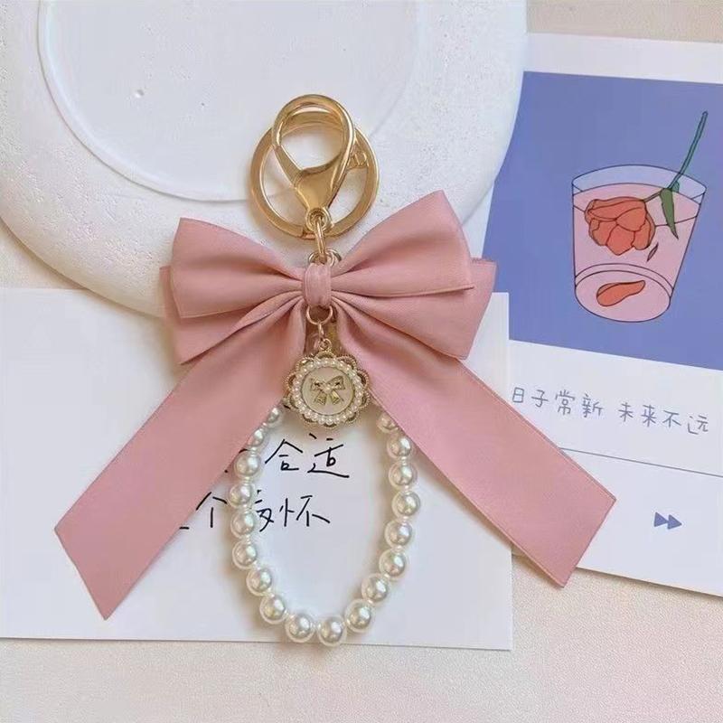 Key Bag Pendant Accessories Faux Pearl Bow Keychain Cute Beaded Bracelet Key Chain For Purse Bag Backpack Car Charm Ribbon