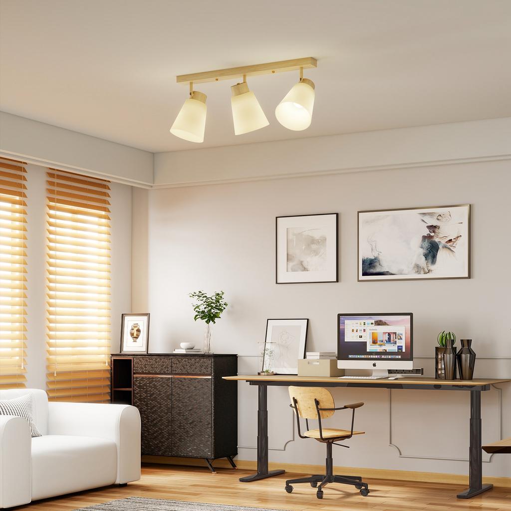 Ceiling Light LED 40W Ceiling Lamp with Dual Mounting and 90 degrees Adjustable Heads with 3 E27 Sockets Natural Wood