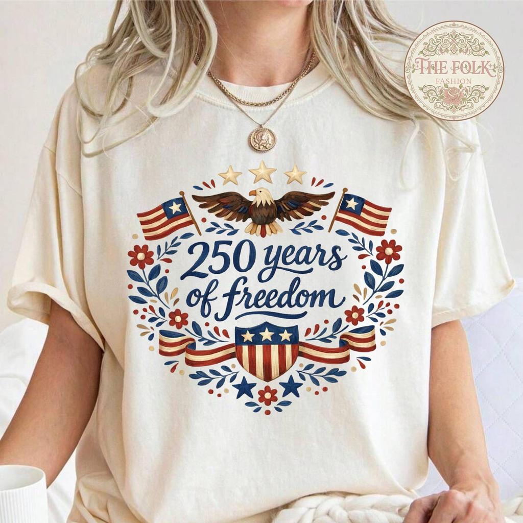 250 Years of Freedom Shirt, American Eagle Folk Art Tee, 1776-2026 USA 250th Anniversary Shirt, Patriotic Shield Floral Tee, July 4th Gift