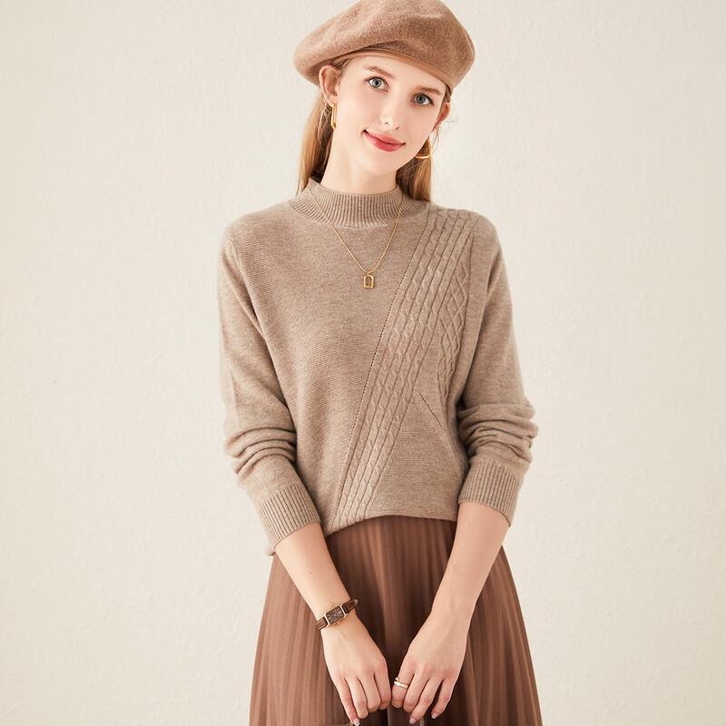 TUHUANG Women's Pure Wool Cable Knit Half-Turtleneck Sweater