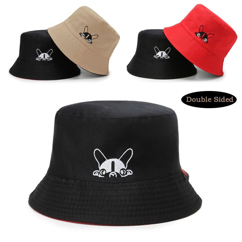 Foldable Bucket Hat Cute Dog Embroidered Fisherman Cap Portable Outdoor Sun Caps  Sun Protection