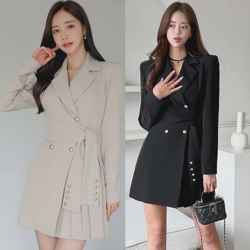 Elegant Pleated Suit Skirt with Professional Collar - Women's Autumn Fashion