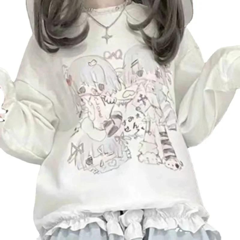 Y2k японский Harajuku аниме белый худи кавайный милый мультфильм уличная одежда школьный свитшот длинный рукав топы