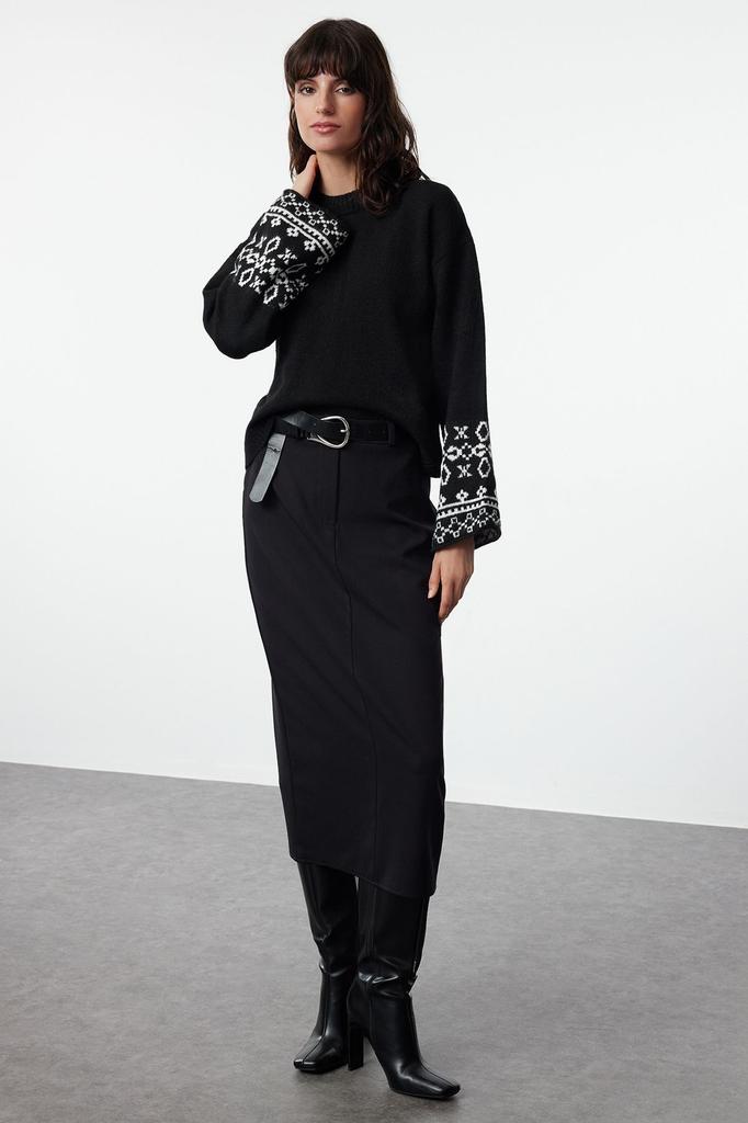 Women's Fashionable Stylish Sweater Mink Soft Textured Sleeve Detailed Crew Neck Knitwear Sweater