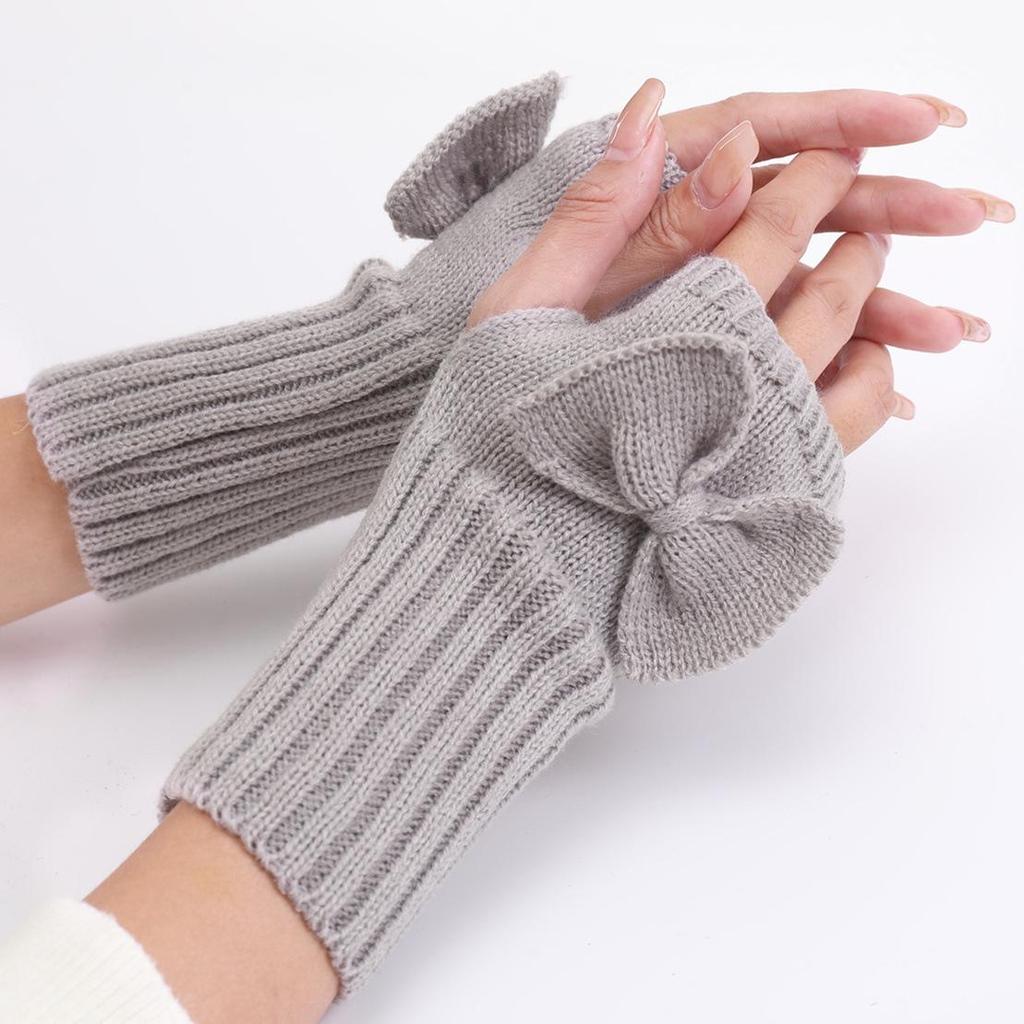 New Autumn and Winter Women's Bow Cute Fashion Gloves Knitted Warm Half Finger Fingerless Gloves