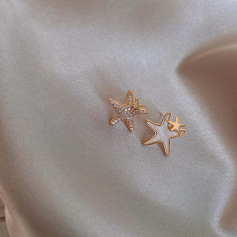 Серьги-пусеты из 18-каратного золота с цирконом и перламутром в виде морской звезды, асимметричные, летние, маленькие, свежие, модные