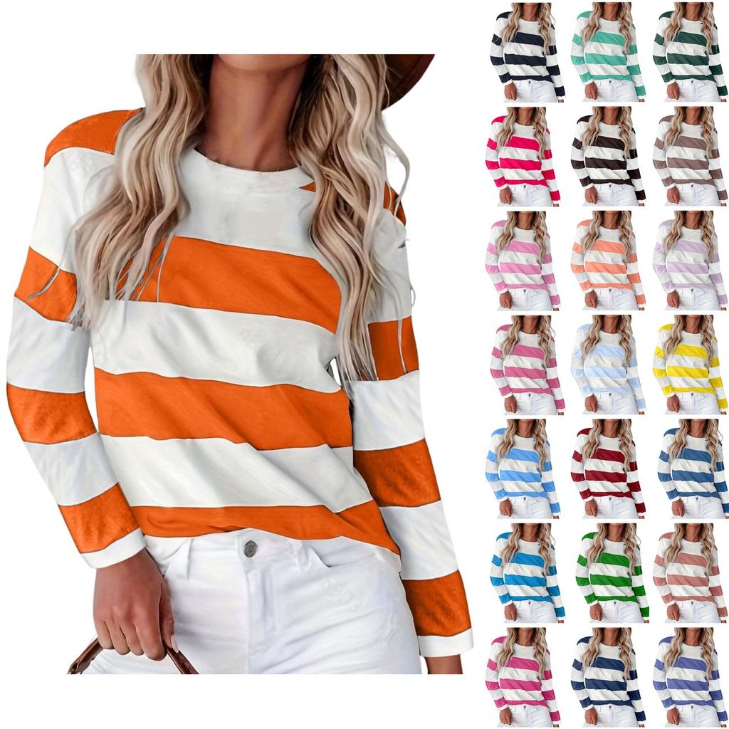 Women's Fashion Casual Striped Printed Round Neck Long Sleeve T-shirt Top