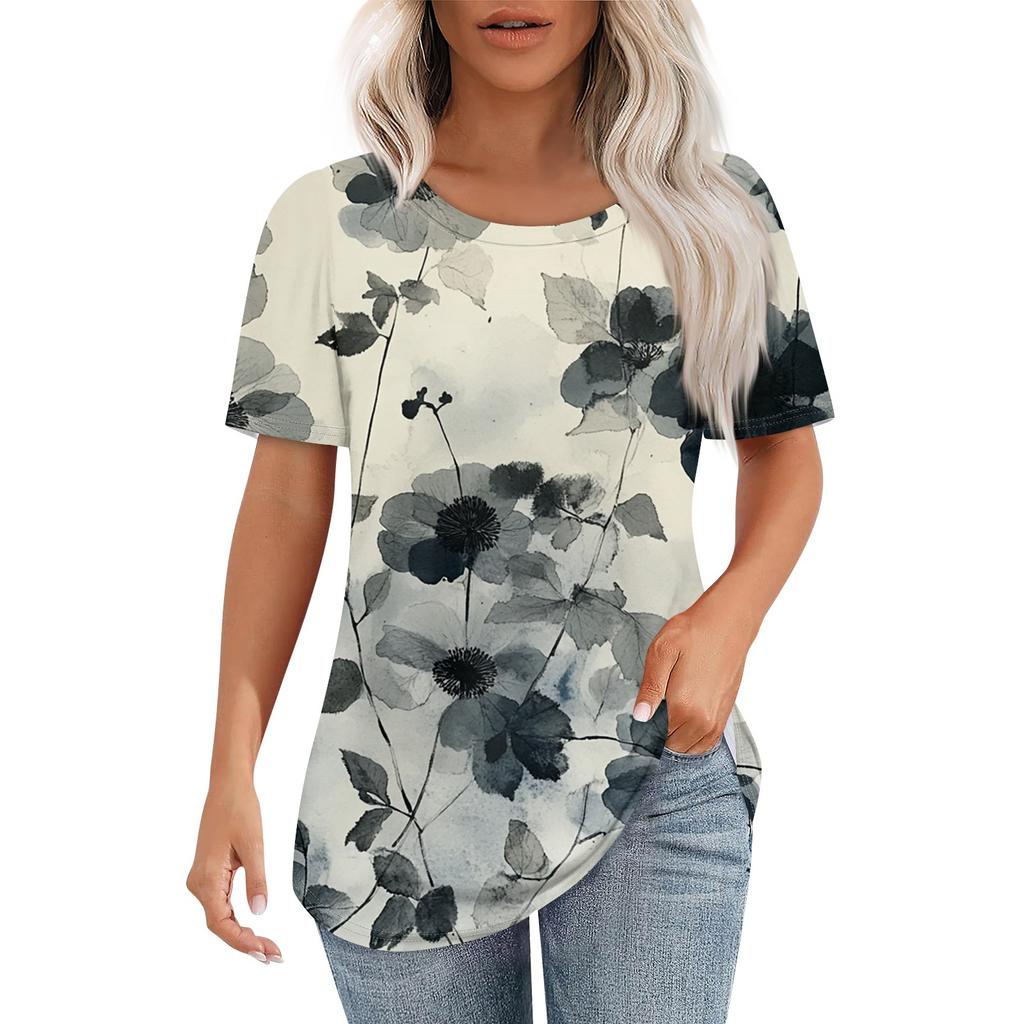 Women's Retro Printed Fashion Casual Round Neck Short Sleeve T-Shirt Top