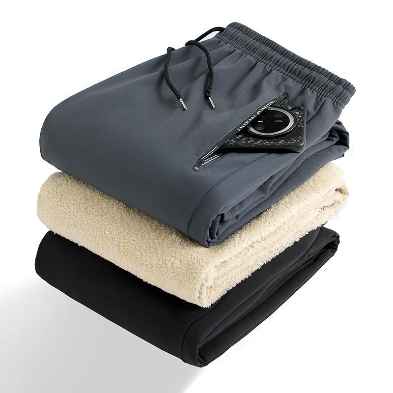 Lamb Velvet Autumn and Winter New Style Hoodies Plus Velvet Thickened Men's Zipper Pants Men's Tying Straight Trousers Sports Casual Pants