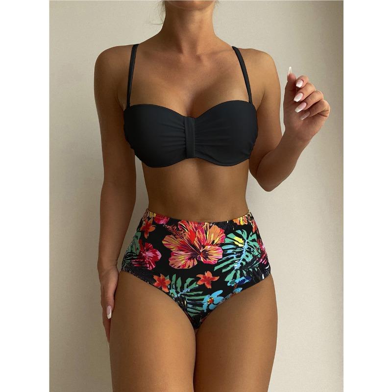 Bikini Swimsuit Women's Solid Color Floral Split Swimsuit Into High Waist Sexy Swimsuit Bikini
