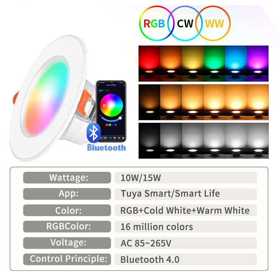 Tuya Smart LED Downlight Recessed Bluetooth Down Light Dimmmable Color Changeable Spot Lamp 10W 15W Smart Life APP Control