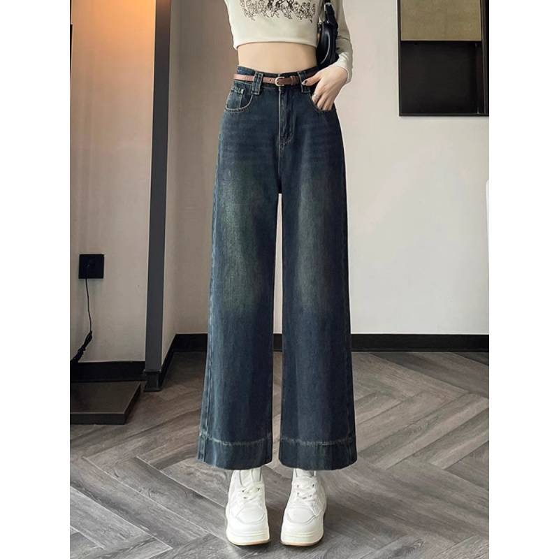 Retro Blue Jeans for Women's Spring Wide Leg Pants High Waist Slim Cropped Pants Straight Leg Pants