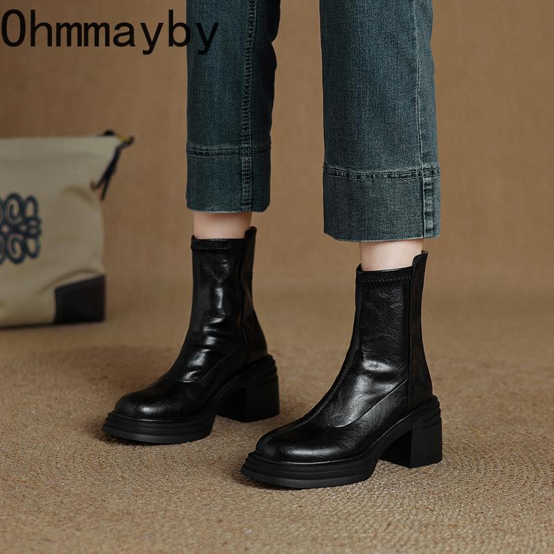 Vintage Platform Heels Women Ankle Boots Fashion Round Toe Stretch Slim Short Booties Shoes Mujer