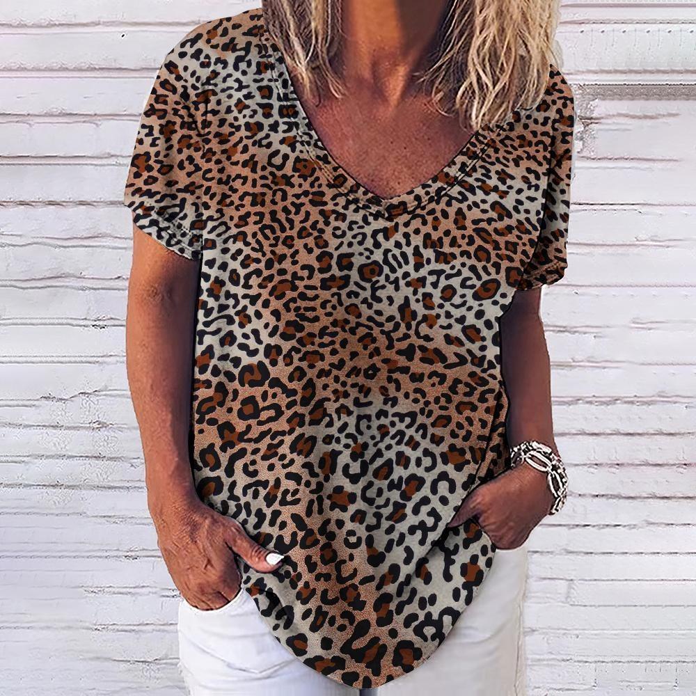 Leopard 3D Print T-shirt for Women Y2k Vintage Tops Harajuku Streetwear V-neck T-shirts Oversized Clothes for Women and Girl