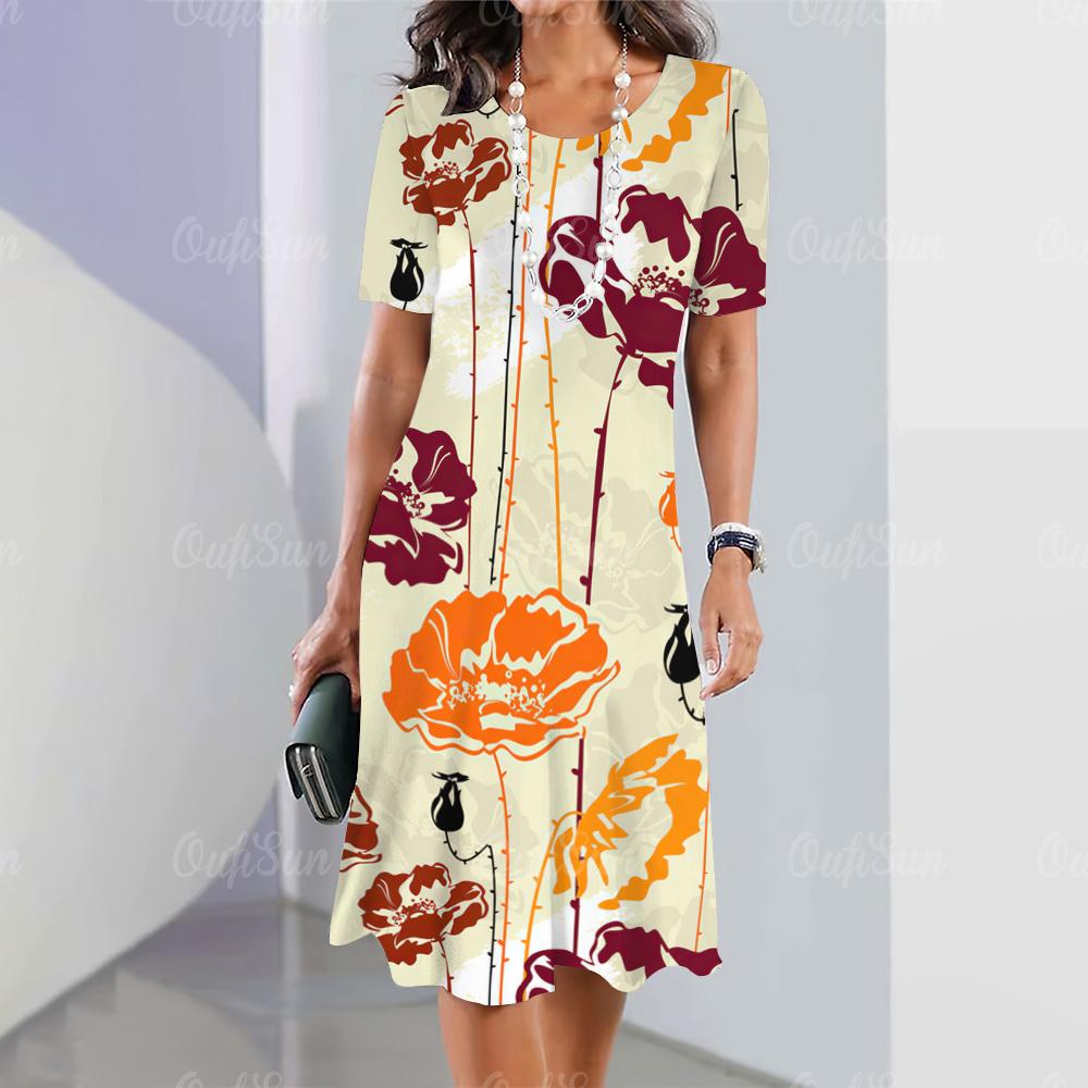 2025 New Ladies Floral Print Summer Elegant Dress Round Neck Short-sleeved Dress Fashion Oversized Clothes