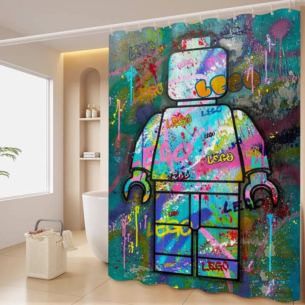 Мультяшная Абстрактная Веселая Различные Профессии L-Лего Занавеска для Душа, Декоративная Занавеска для Душа для Ванной Комнаты, Водонепроницаемая Занавеска для Душа с Крючками