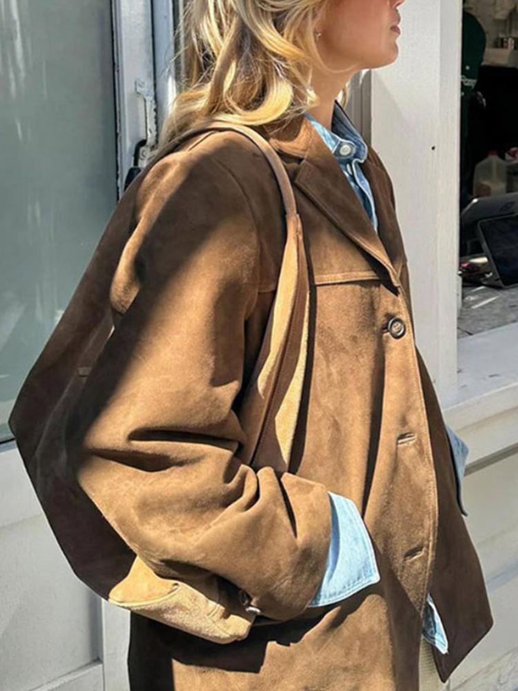 Loose Vintage Suede Jackets Women Lapel Single Breasted Long Sleeves Pockets Blazer Jacket Autumn Maillard Outerwears