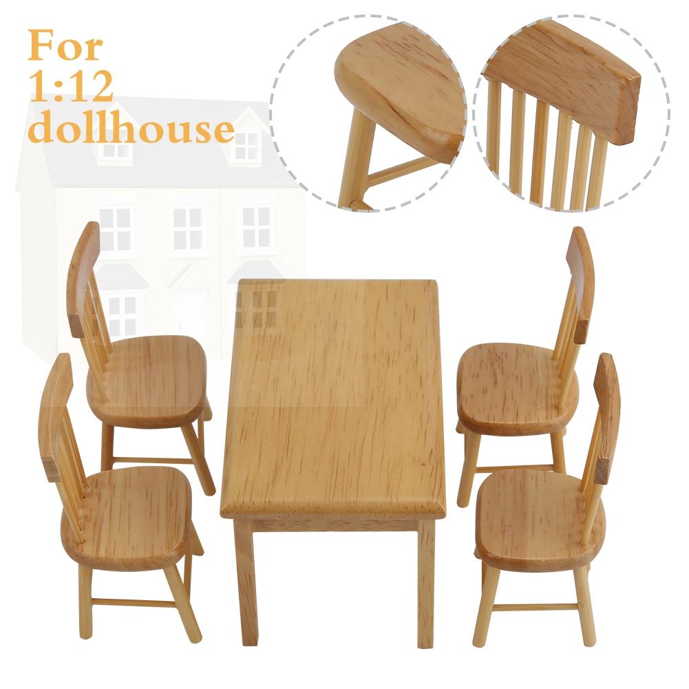 5шт. Обеденный стол, стул, модель набора 1:12 Миниатюрная мебель для кукольного домика Подарок ребенку (Цвет дерева)