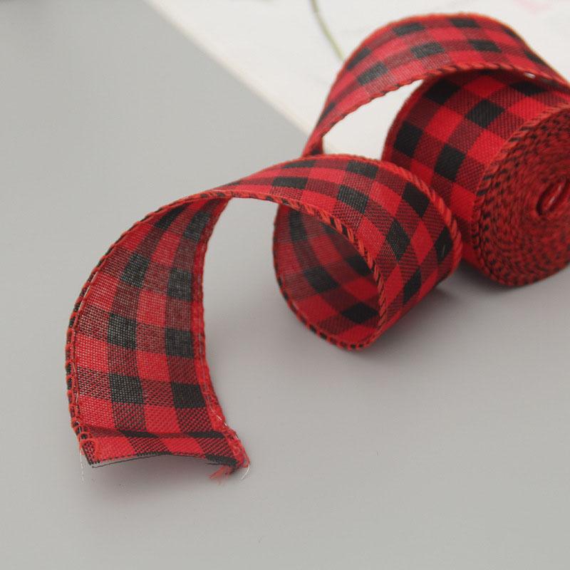 6M Christmas Checkered Wired Edge Weave Ribbon Plaid Black Red Green Diamond Check Pattern Craft Christmas Decoration Linen