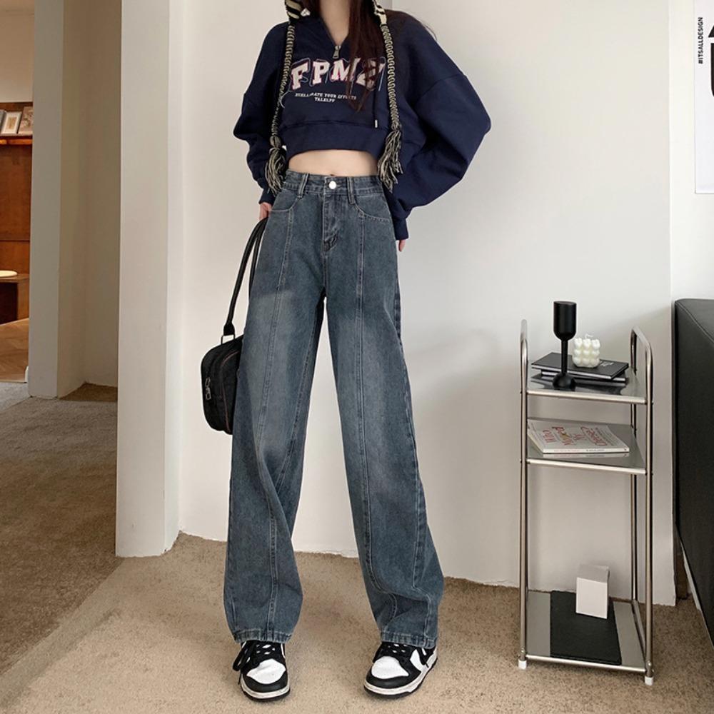 Новые осенне-зимние ретро-голубые тонкие джинсы прямого кроя женские 2025 популярные с высокой талией широкие брюки-швабры