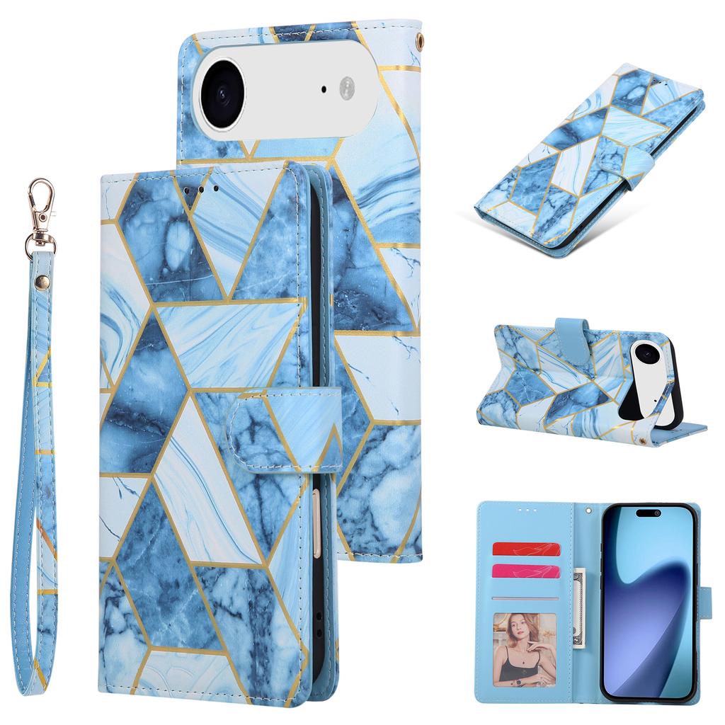 For iPhone 17 Air Case Lacquered Marble Pattern Leather Phone Cover with Wrist Strap