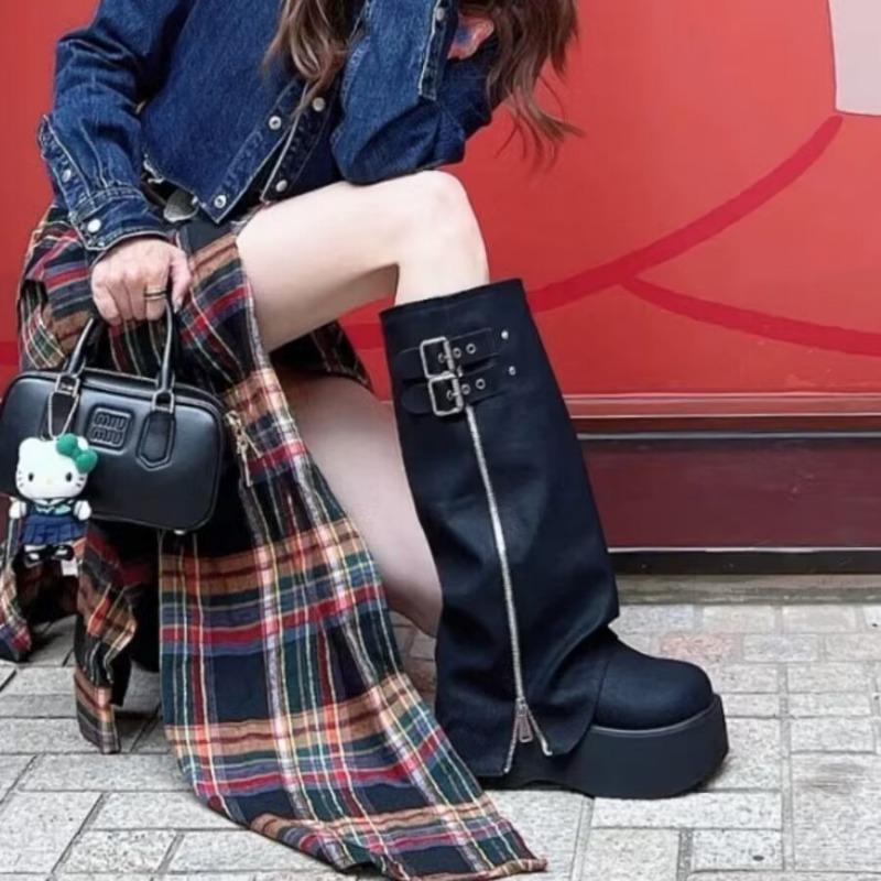 Winter Women Biker Boots Fashion Belt Buckle Ladies Platform Wedge Heel Long Pipe Booties Casual Women's Knee High Booties Q121