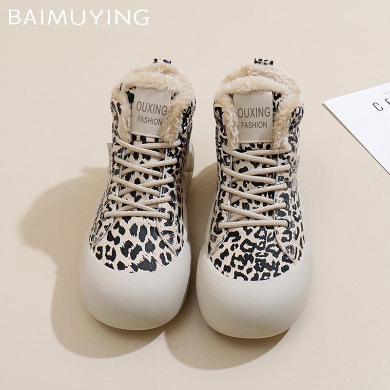 Женские зимние ботинки на платформе с леопардовым принтом и шнуровкой, дизайнерские туфли на плоской подошве из хлопка, модные короткие теплые зимние ботинки 2025 года из плюша