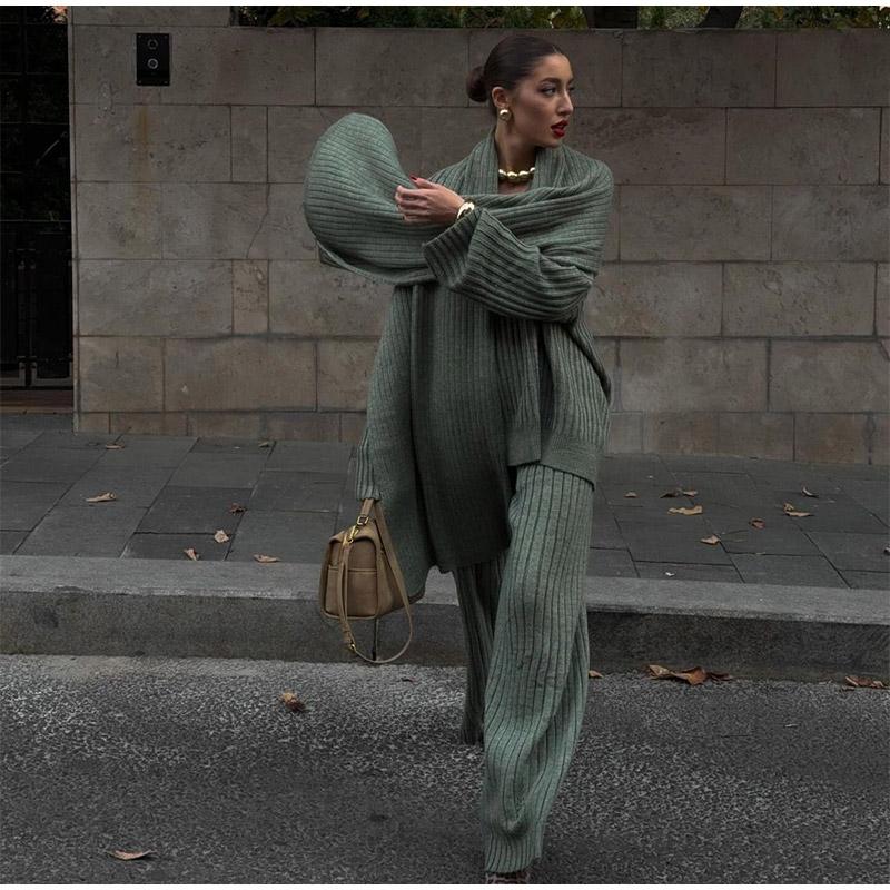 Свободные трикотажные женские комплекты с V-образным вырезом, длинным рукавом, шарфом, пуловером, длинными брюками, трикотажный женский костюм, осенне-зимние повседневные женские костюмы