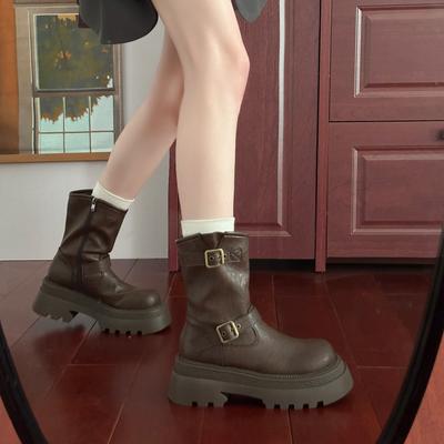 Модная зимняя платформа женские ботфорты модная пряжка ремня длинные ботильоны винтажные квадратные низкие каблуки женская обувь
