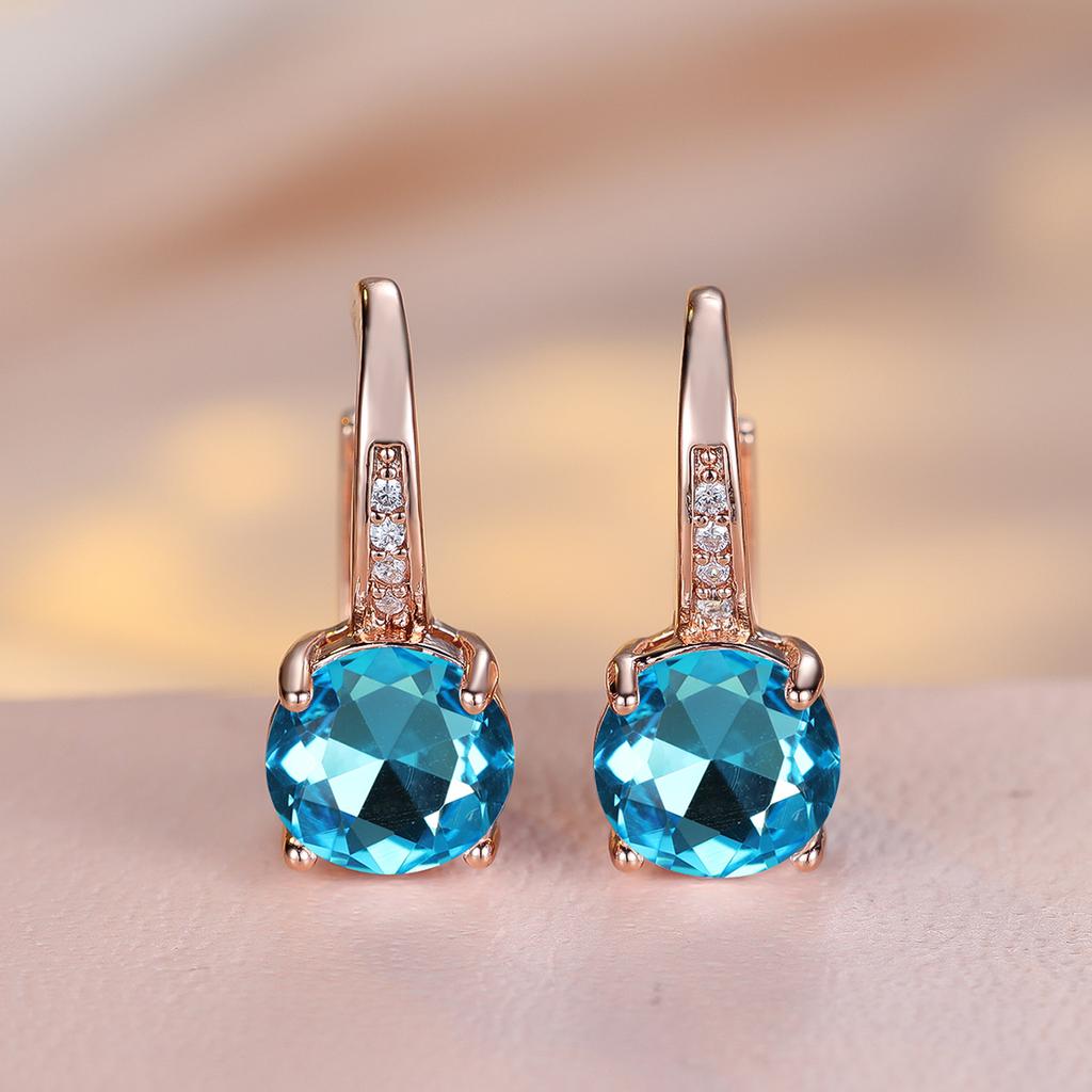 1 Pair Rose Golden Color Round Cut White Blue Red Green Stone Drop Earrings Fashion Women Wedding Jewelry Luxury Accessories