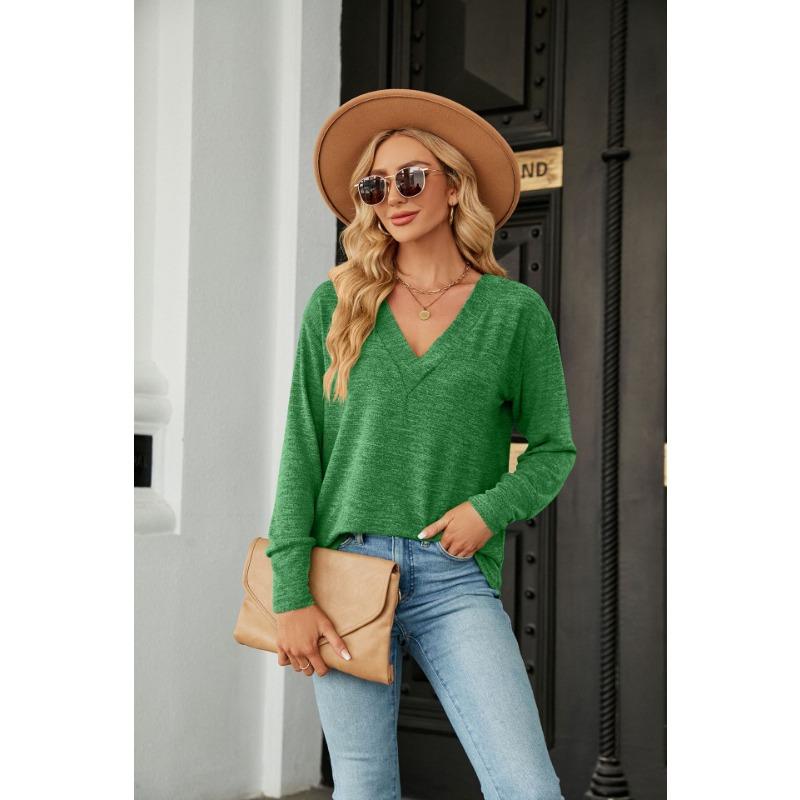 Весенне-осенняя женская блузка, однотонная, с v-образным вырезом, свободный повседневный топ с длинными рукавами